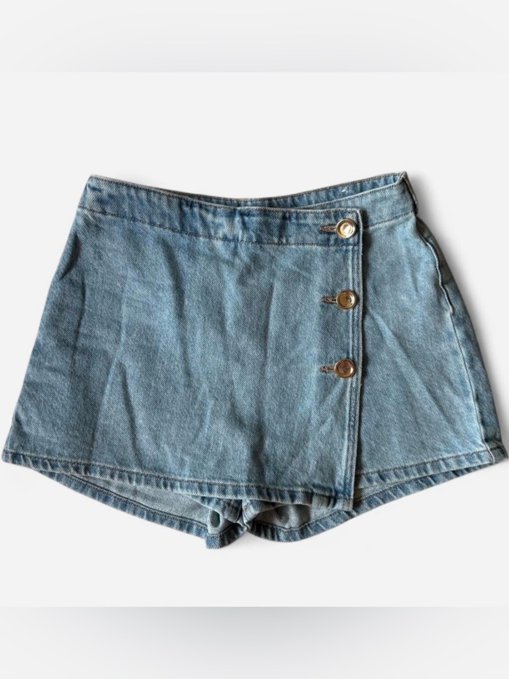 Zara Light Blue Denim Wrap-Front Skort shorts with Gold Buttons